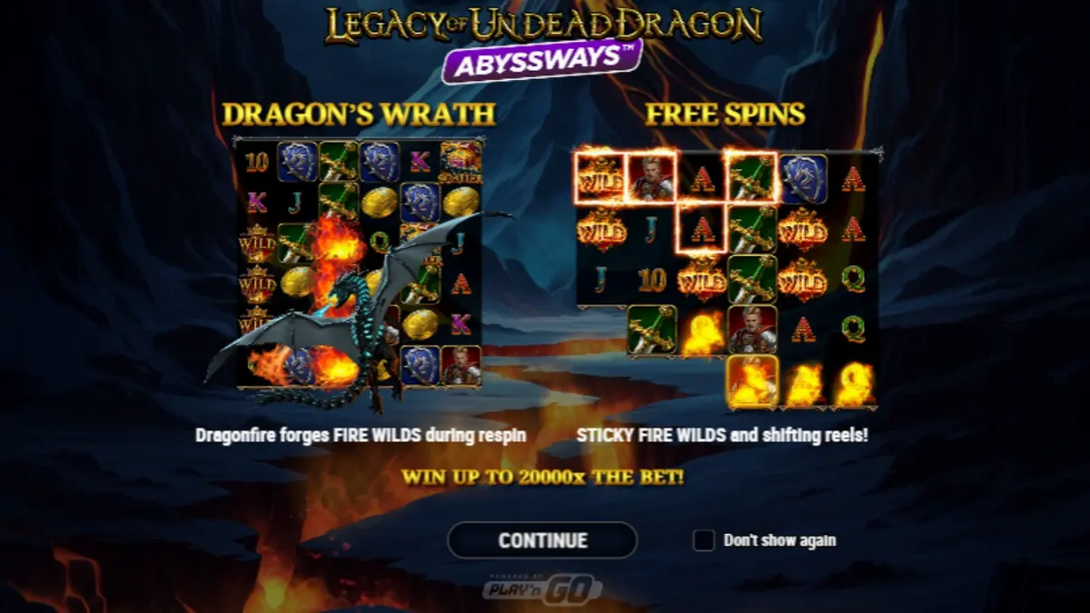 Visual dramatis dari slot Legacy of Undead Dragon Abyssways dengan naga undead dan grid yang terbakar